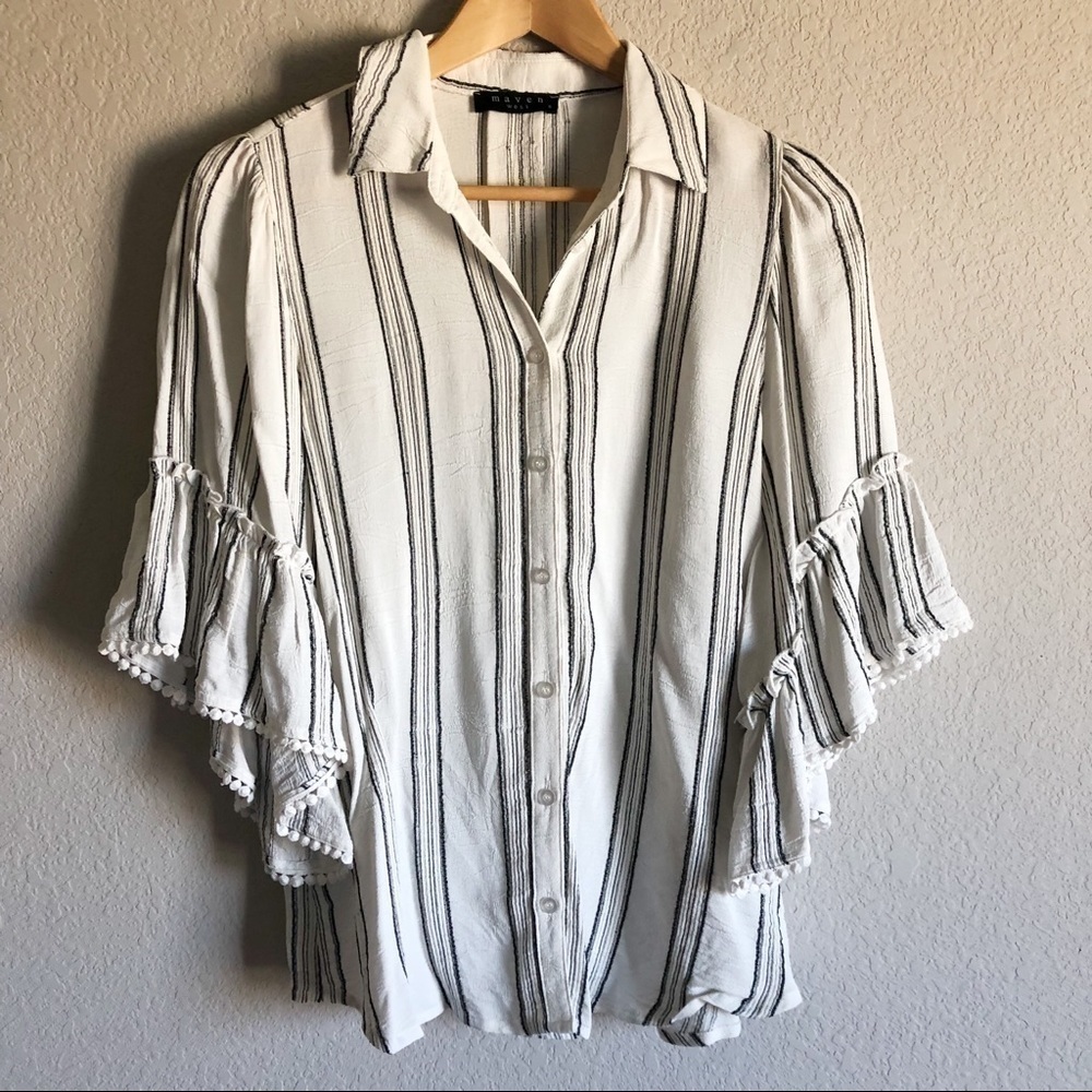 Anthro Maven West Striped Gauzy Wide Flare Sleeve Blouse